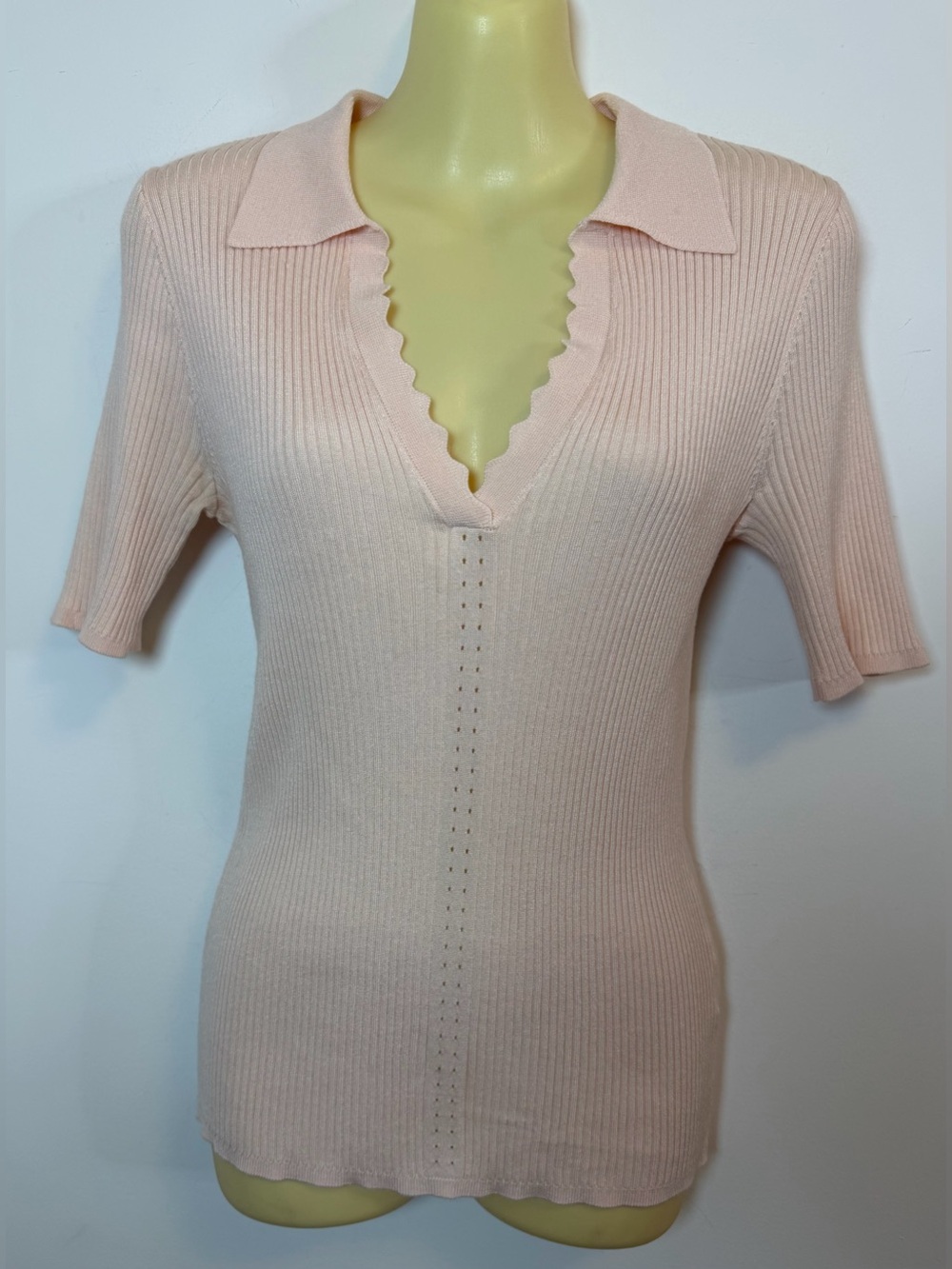 Elie Tahari Blush Ribbed Polo V-Neck Top